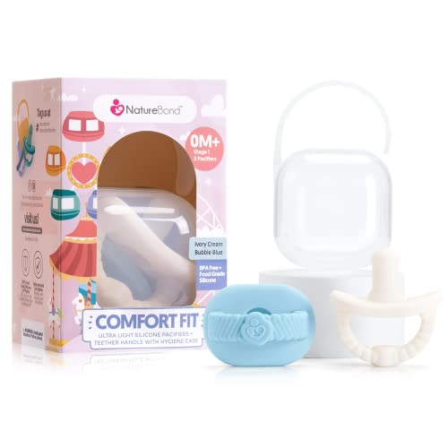 Naturebond Baby Silicone Pacifiers (2 Packs) + Pacifier Case | Soothie Pacifier 6-18 Months | Blue & Cream | Bpa-Free Food Grade Silicone Binkies, Baby Boy Pacifier, Chupones Para Bebes #TOP1