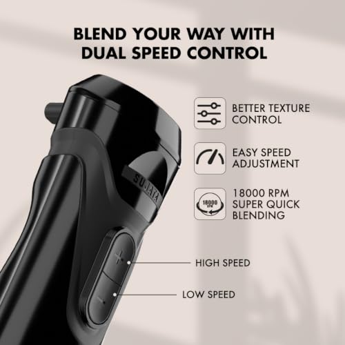 Image of Sujata Blendstick Hand Blender | 600W Powerful Motor | Dual Speed Control | Stainless Steel Immersion Blender | 18000 RPM | Detachable Stick | Ergonomic Design | Black