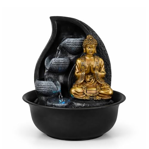 Fontaine Bouddha Praya - Fontaine d’Intérieur Bouddha Amovible - Décoration Zen Exotique - Cadeaux - Fontaine de Table Lumière LED - Circuit fermé - Marron et Dorée - H 26cm - Zen’Light