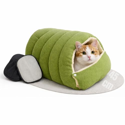 2 in 1 Warmes Katzenbett Winter 45cm, Kuschelhöhle Katze & Hundehöhle Kleine Hunde, Waschbar & Faltbar, Katzenkorb mit Dach, Plüsch Katzenschlafplatz & Versteck für Katzen mit Fellhandschuh(M)