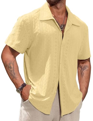 Vssjavun Mens Short Sleeve Button Down Shirts Casual Hollow Out Summer Beach Shirt