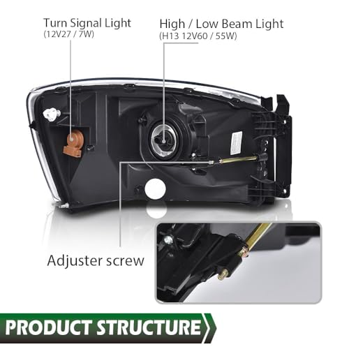 Image of GRAND ORANGE Headlights Assembly w /Bulbs Compatible with Dodge Ram 1500 Truck 2006-2008 /Fits Dodge Ram 2500 3500 Truck 2006-2009 Headlamps Clear Lens Amber Reflector