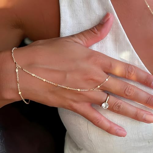3PCS Gold Hand Chain Bracelets for Women, 14k Gold Plated Stack Bracelets Set Adjustable, Dainty Ring Bracelet Hand Chain3