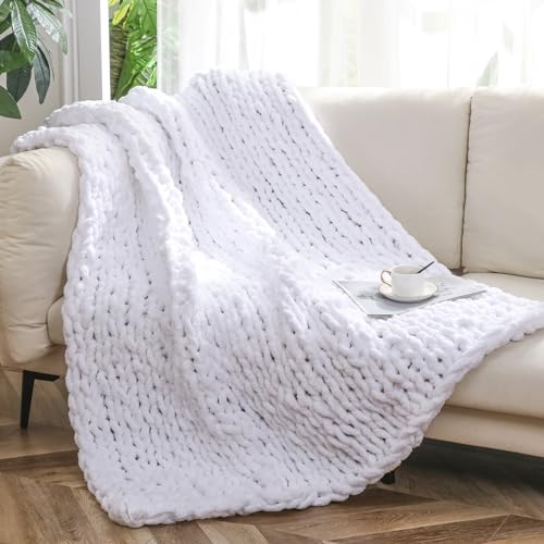 WESHIONGOO Chunky Knit Blanket Throw for Couch Bed 51"×63" White