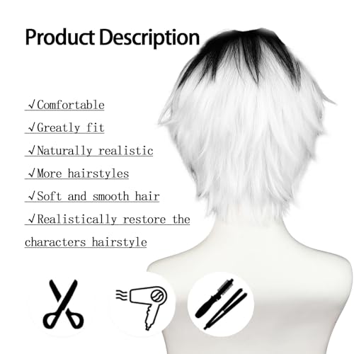Image of LABEAUTE Unisex Short White & Black Cosplay Wig Male Man Woman Anime Fluffy Cosplay Hair Wigs for Halloween Party + Free Cap