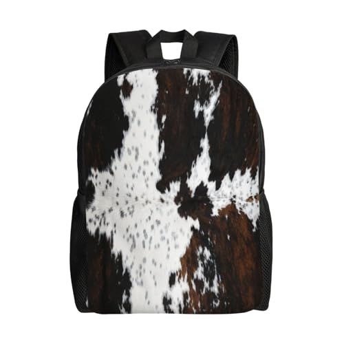 Full Framed Spotted White Brown Cow Skin Texture Backpack Simple Leisure Travel Backpack Outgoing Daypack 16 inch