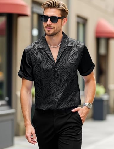 Mens Shiny Satin Silk-Like Designer Shirt Summer Regular Fit Short Sleeve Button Up Floral Shirt with Pocket2