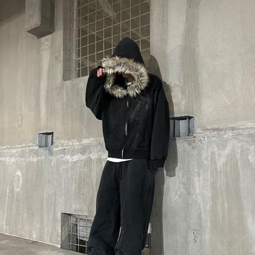 RICHTRUE Therian Fur Hood Jacket Y2k Goth Zip Up Hoodie Oversized Graphic Sweatshirt Emo Grunge Streetwear Fall Winter 20252