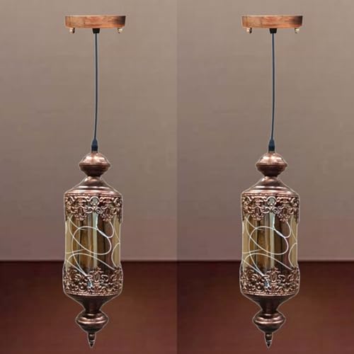 Image of Keylus Antique Hanging Light for Living Room Dining Bedroom, Moroccan Lantern Style Metal & Glass Pendant Lamp, (Bulb Not Included),Pack of 2