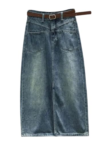 High Waist Denim Midi Skirt with Slit