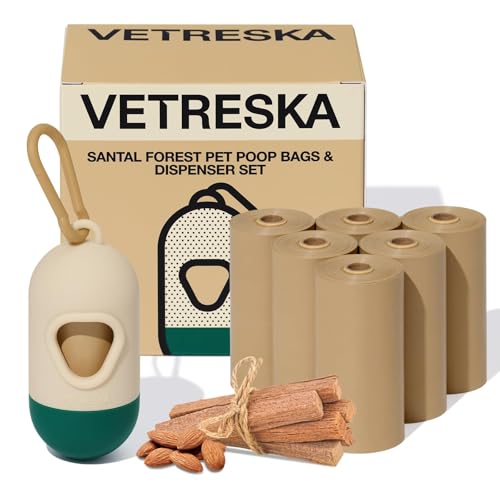 VETRESKA ペット用ウンチ処理袋 ぽいたくんうんち袋と取り出し容器 犬うんち袋 防臭袋 猫 トイレ 袋 臭いが漏れない 生分解性 猫砂用廃棄物袋 サニタリー 袋 お出かけの携帯ゴミ袋 サンダルウッド＆アーモンドの香り消臭袋 (7ロール 105枚+1 ディスペンサー) - VETRESKA - 商品画像