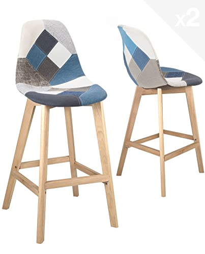 KAYELLES Lot de 2 chaises de Bar Patchwork, Hauteur Assise 67 cm, Style scandinave, Large et Confortable siège à Haut Dossier, Tissu rembourré, Pieds Bois...
