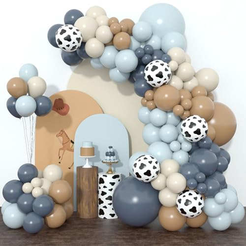 Amandir 153pcs Cowboy Balloon Arch Garland Kit Different Sizes 18 12 10 5inch Dusty Blue Brown Sand White Cow Print Balloons for Cowboy Shower Rodeo Farm Western Theme Birthday Party Decoration