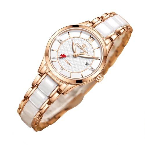 GUANHAO Uhr Damen weiße Keramik Uhren Edelstahl mit Kalender Wasserdicht Rose Gold Mode Frauen Armbanduhr Keramik Uhr Analog Quarz Armbanduhr
