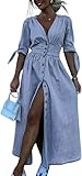 utcoco Womens Casual Button Down Maxi Denim Dress V-Neck Tie Half Sleeve Long Denim Dresses for Women 2024 (X-Small, Blue)