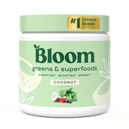 Bloom Nutrition Superfood Greens Powder, Digestive Enzymes with Probiotics and Prebiotics, Gut Health, Bloating Relief for Women, Chlorella, Green Juice Mix with Beet Root Powder, 30 SVG, Coconut
