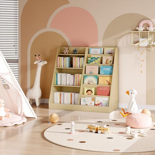 Image of Tatub 6 Tier Kids Wooden Bookshelf and Toy Storage, Children Toy Organizer with Upgraded Book Shelves, Toddler BookRack Baby Bookcase for Nursery, Playroom and Classroom, Natural Wood