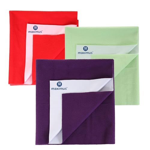Image of Maximus Waterproof Quick Dry Sheet for Baby Pack of 3 | Bed Pad Extra Absorbent Washable Matress Protector | Bed Protector Sheet for Toddler Children (100x70 cm) (RED, Purple & Green, Medium)