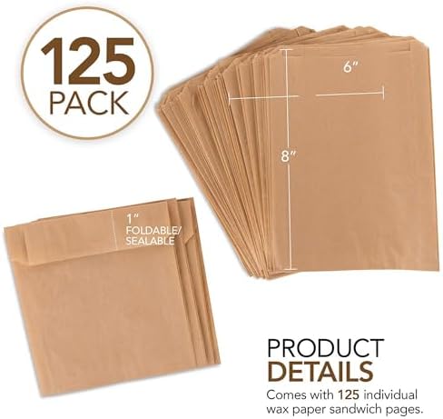 Paper Sandwich Bags Kraft Brown 125 Pack Includes White Round Stickers for Sealing - Unbleached Compostable Natural Kraft Paper Stock Bags for Bakery Cookies, Treats, Snacks, Sandwiches