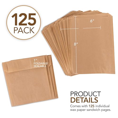 Paper Sandwich Bags Kraft Brown 125 Pack Includes White Round Stickers for Sealing - Unbleached Compostable Natural Kraft Paper Stock Bags for Bakery Cookies, Treats, Snacks, Sandwiches