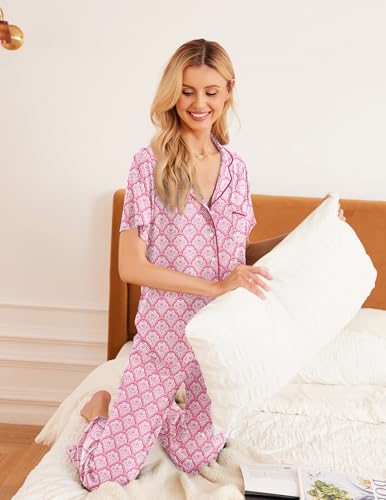 Image of Ekouaer 2 Pack:Womens Pajamas Short Sleeve Pjs Notch Collar Button Up Loungewear Cozy Sleepwear Sets