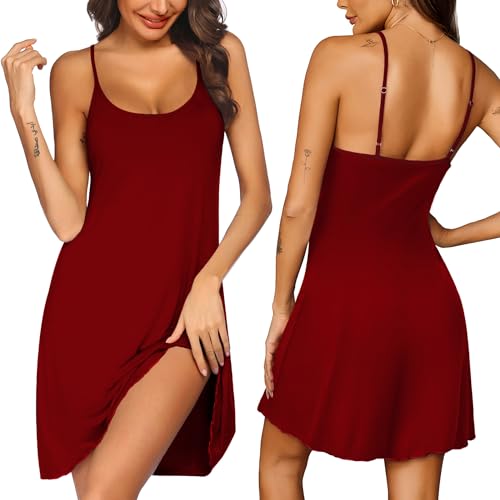 Ekouaer Womens Nightgown Pj Dress for Women Adjustable Spaghetti Chemise Sleeveless V Neck Sleepwear Wine Red S