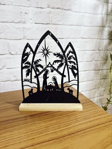 Presépio de Natal Enfeite Decoração de Mesa Natalina em MDF Preto com Base em madeira Pinus P1