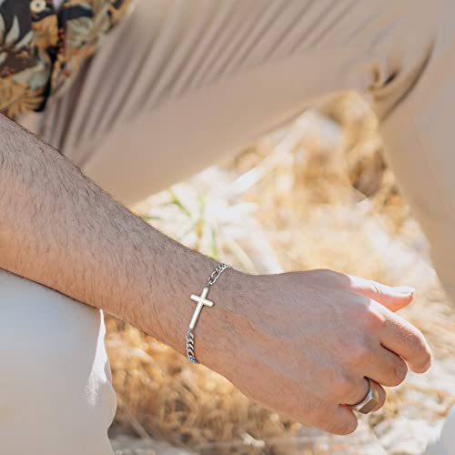 Ailetop Mens Bracelet Gifts,Stainless Steel Silver Cross Bracelet For Men Boys Adjustable 5Mm Figaro Link Bracelet For Men Silver Chain Bracelet For Men Jewelry Gifts For Men #TOP2