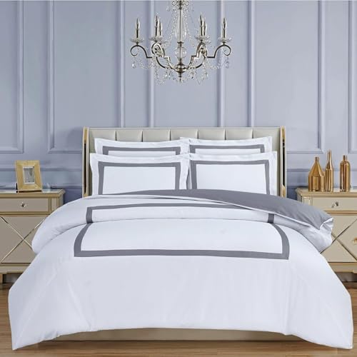 Majestic Giftware Madison Linen 4 Pcs 48" Full Size Duvet Bedding Set (BL4-48F-8-4pcs) Province Hotel Collection-White-Gray Tape 400 TC Cotton Sateen | 1 Fitted Sheet, 1 Duvet, 2 Pillowcases