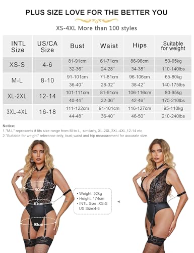 comeondear Lingerie feminina preta sexy de renda com decote em V profundo em couro sintético com cin