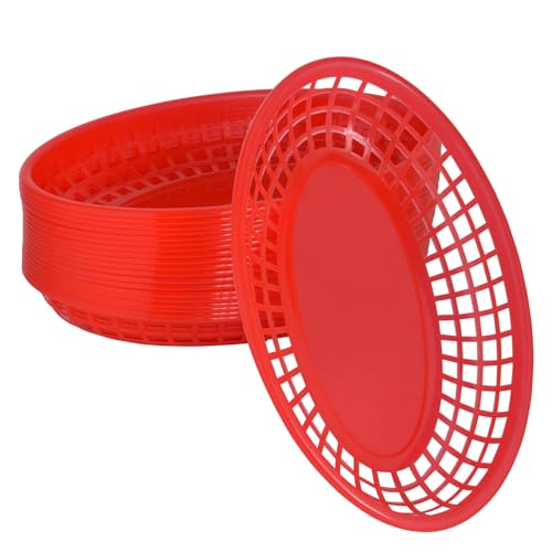 MEOTAKILE 20 Pack Plastic Fast Food Baskets, 8.8" × 5.5" Small Oval Restaurant Serving Baskets Tray for Burgers, Sandwiches, Hot Dogs, Parties, Food Trucks, Reusable or Disposable, Stackable(Red)
