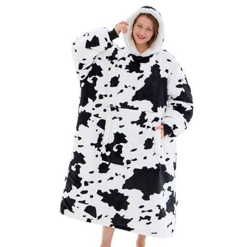 yescool Wearable Blanket Hoodie - Birthday Christmas Gifts for Women Mom Girlfriend Oversized Flannel Sherpa Cozy Hooded Blanket Sweatshirt Adult With Hood Pocket & Sleeves (White-cow)