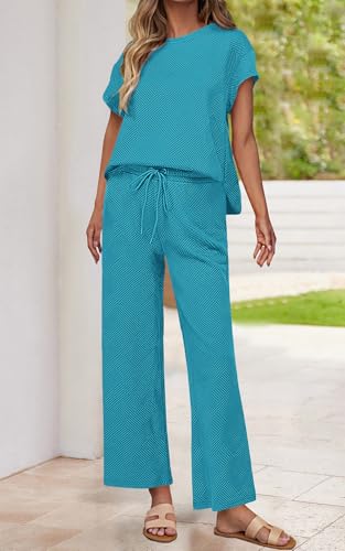 Image of PRETTYGARDEN 2 Piece Outfits For Women Casual Tracksuit Short Sleeve Tops And Wide Leg Long Pants Matching Lounge Sets