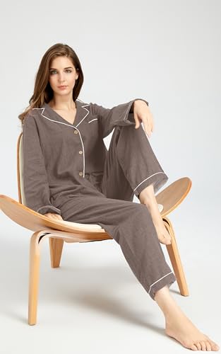 Image of Womens Muslin Pajama Set 100% Cotton Double Gauze Linen Like | Breathable Soft Comfort Button Up Loungewear Sleepwear PJ Set