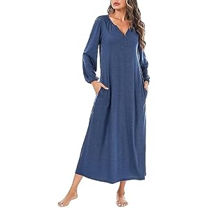 Marvmys Womens Cotton Long Sleeve Nightgown Long Sleepshirts Full Length Henley Sleep Dress with Pockets Dark Blue Medium