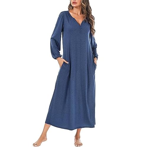 Marvmys Womens Cotton Long Sleeve Nightgown Long Sleepshirts Full Length Henley Sleep Dress with Pockets Dark Blue Medium