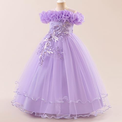 OBEEII Girls Pageant Dress Floral Cold Shoulder Wedding Junior Flower Girl Bridesmaid Tulle Dress Formal Princess Prom Tiered Birthday Party Ball Gown Communion Dance Gown Light Purple 11 Years3