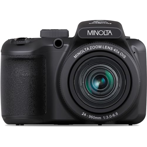 MINOLTA MN40Z 20 Mega Pixels 40x Optical Zoom Digital Camera with 1080p FHD Video, Black, Bundle with 64GB Memory Card + Vlog Tripod + 4xAA Battery with Charger + Accessories