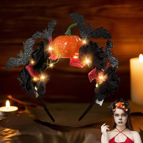 HuaMuDM Diadema día de los Muertos, guirnalda de pelo de murciélagos negros, Diadema de Flores Mexicanas,para Cosplay Masquerade Carnaval