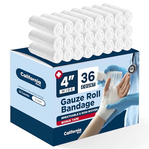 California Basics 36-Pack Gauze Bandage Roll with Tape, 4 Inches x 4 Yards - Soft, Stretchable & Breathable Wrap for Wound Care, First Aid & Medical Supplies - White