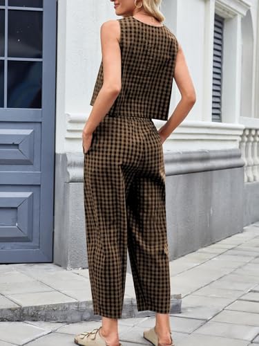 Womens Cotton Checker Set 2 Piece Beach Vacation Outfit Summer Tank Top Pants Suit2
