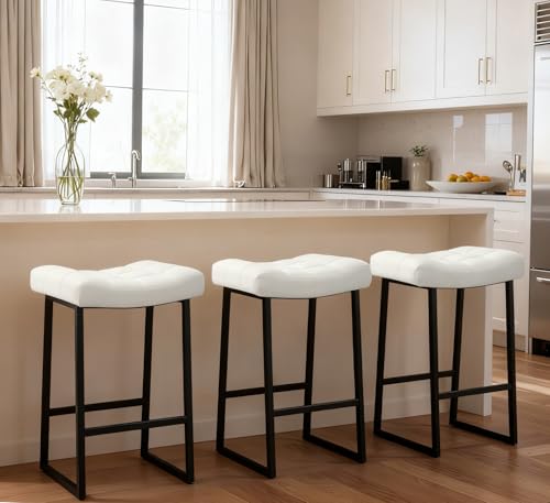 RNKSFX Black and White Modern Bar Stools Set of 3 for Kitchen Counter 24 inch Counter Height Backless Barstools with Upholstered Faux Leather Saddle Seat and Metal Frame Industrial Bar Chairs