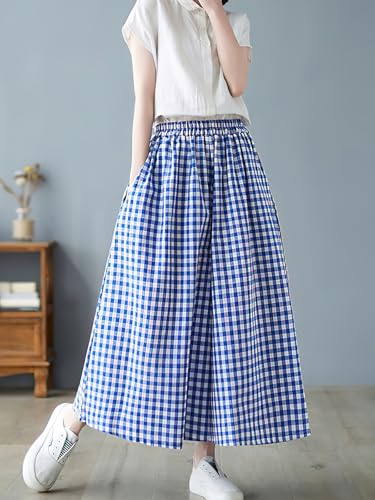 ebossy Women's Cotton Linen Plaid Pants Elastic High Waist Wide Leg Palazzo Capris Gingham Pants3