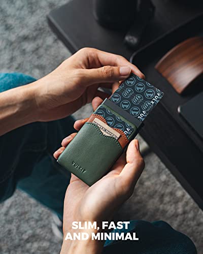 Image of VULKIT Credit Card Holder Minimalist Slim Pop Up Wallet with Leather Slots RFID Blocking for Men and Women Holds 7 Cards and Notes Green