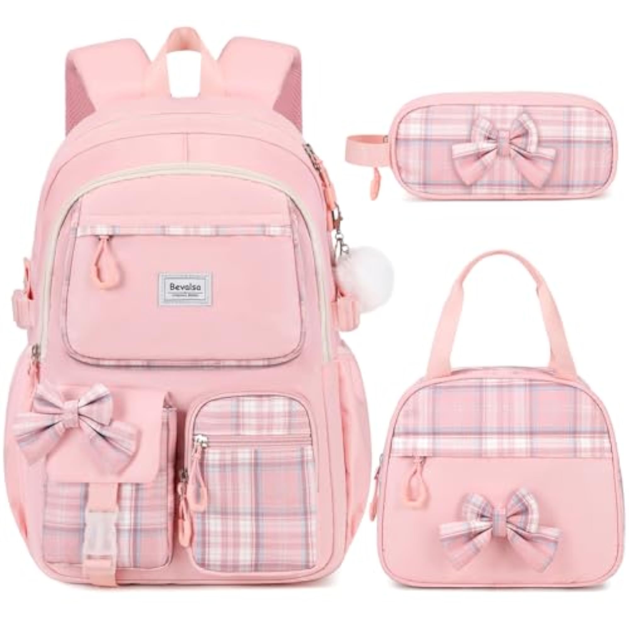 Girls' Plaid Bow Backpack with Lunch Bag & Pen Case, Pink
