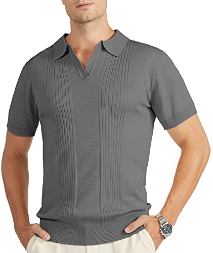 JACKETOWN Polo Hommes Manches Courtes, Polo Tricoté Hommes Col en V Vintage T-Shirt Hommes Tennis Golf Sport Extérieur d'été Respirant pour Hommes Polos(Gris-XL) Cover