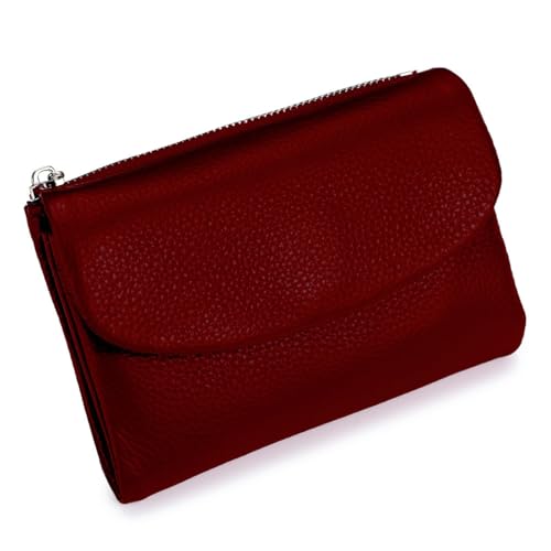 Unisex Pebble Leather Small Wallet Soft Slim Genuine Leather Wallets, Compact Purse with Coin Credit Card Holder Cash (Dark Red,ONE SIZE)