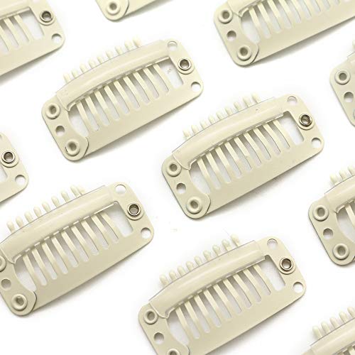 Dofash 30Pcs I-Shaped Snap Comb Hair Clips 9-Teeth Wig Clips with Rubber Metal Snap Combs Clips for Hair Extensions Hair Accessories for Women (Creamy White)