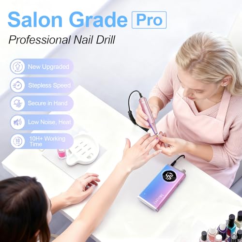 Image of Electric Nail Drill File Professional 45000 RPM, Melodly Rechargeable Electric Nail File Machine Kit for Acrylic Gel Nails Polishing Removing, Portable Cordless Efile with Gold Bits Kit at Salon Home