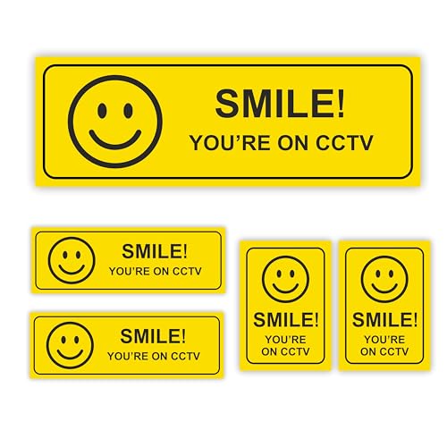 Image of 5-PACK Smile You're On CCTV Stickers for Home or Commercial/Security Signs for Walls, Window, Doors/CCTV in Operation Sticker in Various Shapes and Sizes To Use for Friendlier Security Deterrence